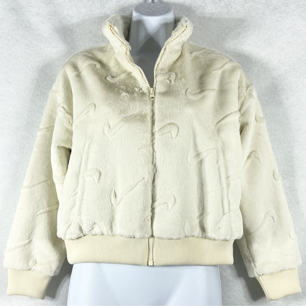 Nike Kids Jacket Girls Medium Beige Faux Fur Full Zip Signature Logo FJ6154-113